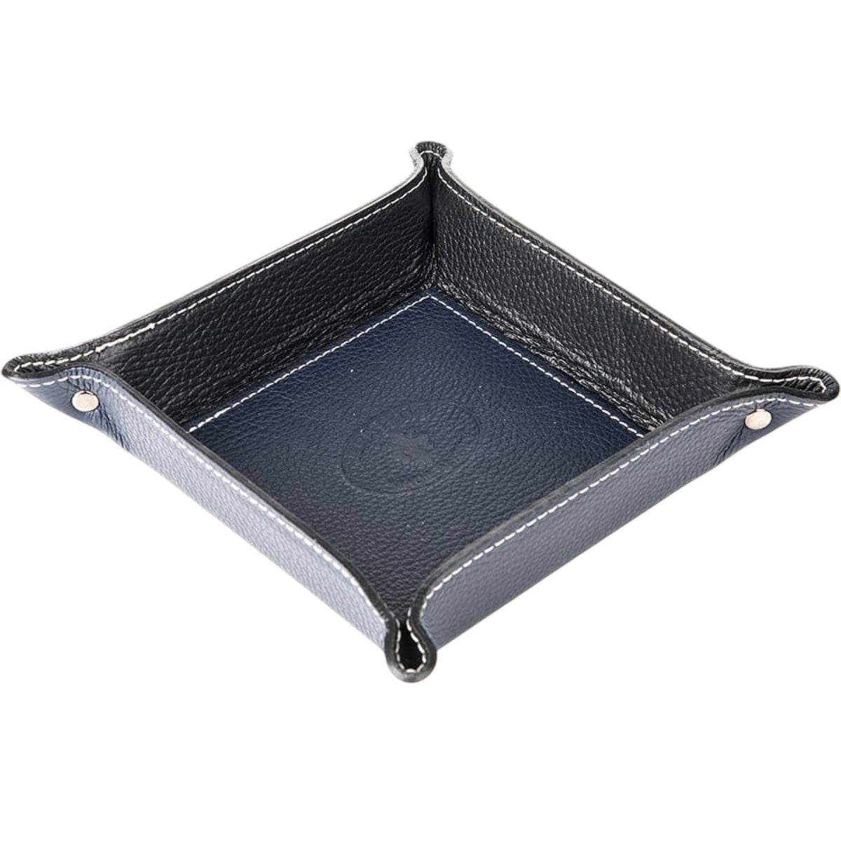 LE BORSETTE square hammered leather valet tray in avio, handmade in Italy, with a dark blue interior, black exterior, white stitching, and snap-button corners.