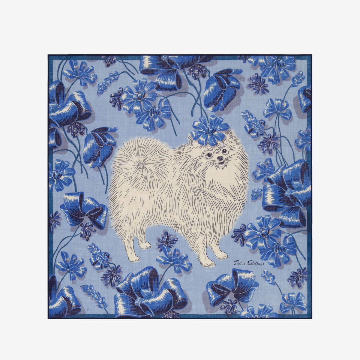 A close-up of the INOUI EDITIONS TOUTOU DOGGIE Wool Scarf in Blue shows its soft, woven texture and abstract blue, beige, and navy patterns. This 70x70cm INOUI accessory is gently twisted to highlight its intricate design—perfect for any wardrobe.