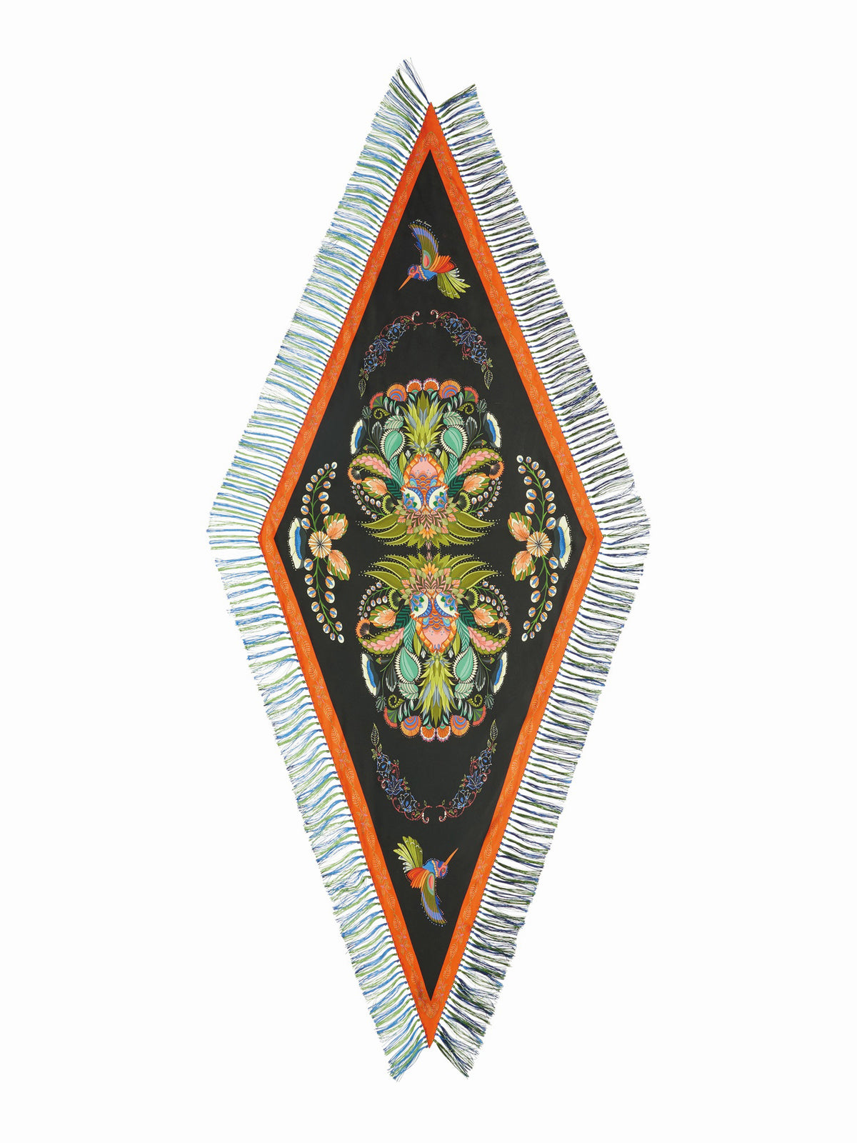 The FRANCO FERRARI - RHOMBUS SILK FRINGE SCARF is a luxurious Italian creation showcasing vibrant green, yellow, orange, and purple mosaic patterns with abstract shapes and floral elements. Yellow and purple fringes add a sophisticated flair.