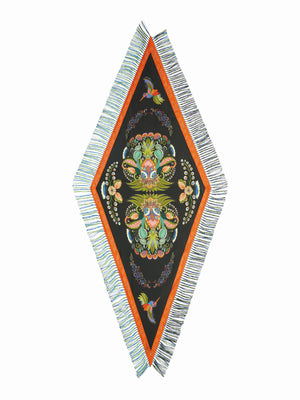 The FRANCO FERRARI - RHOMBUS SILK FRINGE SCARF is a luxurious Italian creation showcasing vibrant green, yellow, orange, and purple mosaic patterns with abstract shapes and floral elements. Yellow and purple fringes add a sophisticated flair.