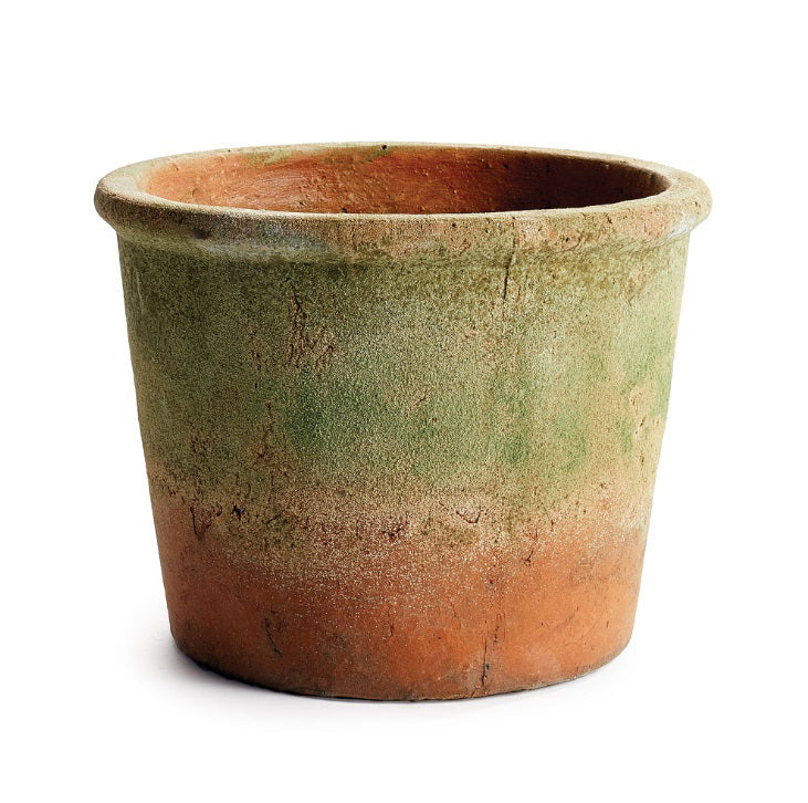 The NAPA HOME AND GARDEN - WEATHERED GARDEN POT 8.5 features a wide rim, rustic terracotta finish, and natural green moss accents, highlighting its aged look against a white background.