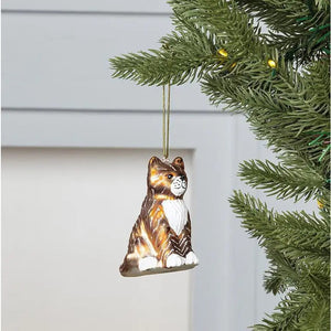 TABBY CAT ORNAMENT made of glass featuring brown tabby stripes, a white chest, and white paws.