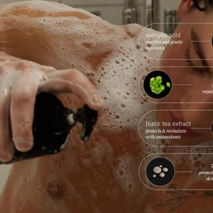 A sleek black 400ml bottle of JACK HENRY - BODY WASH with a pump dispenser, featuring “cleanse & hydrate hinoki cypress” on the label and highlighting its natural botanical scent.