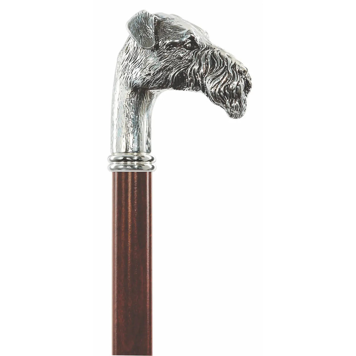 The HARVY CANES - FOX TERRIER CANE by HARVY CANES is an imported walking stick with a silver-colored Fox Terrier handle and a dark beechwood shaft.