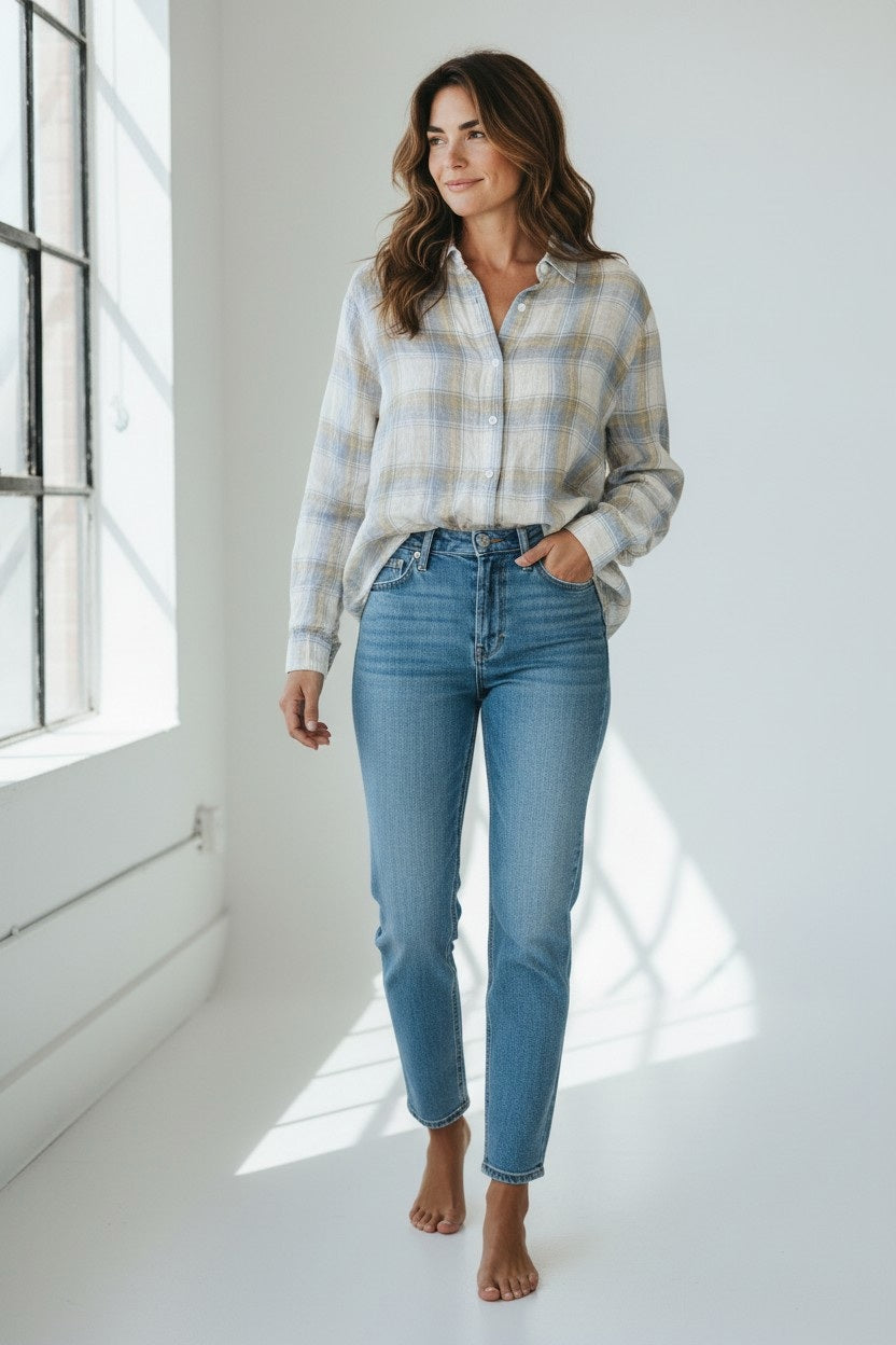A woman with wavy brown hair stands barefoot indoors near a large sunlit window, wearing the LLEA BLUE Hadley Linen Shirt in Plaid paired with high-waisted blue jeans.
