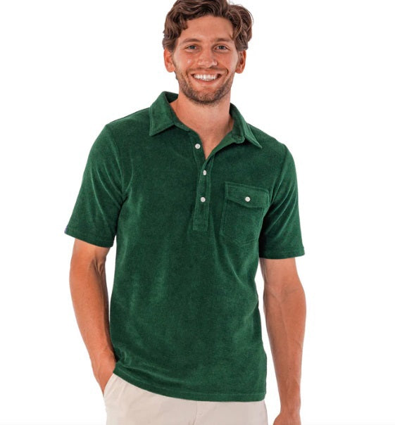 Close-up of the CRIQUET - Terrycloth Players Shirt in Alligator Alley, showing its green textured fabric, white buttons, chest pocket, and part of the classic fit collar.