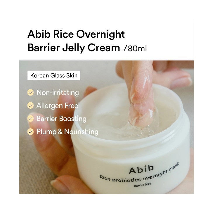A white jar labeled &quot;ABIB - RICE PROBIOTICS OVERNIGHT MASK BARRIER JELLY 80ML&quot; from ASIAN BEAUTY WHOLESALE, shown on a plain white background; this hydrating sleep mask provides overnight moisture and probiotics for your skin.