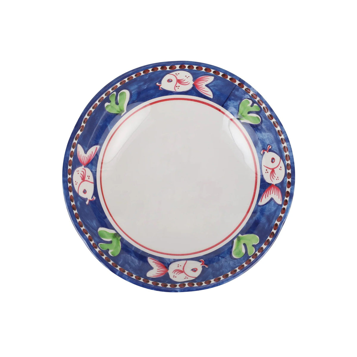 The VIETRI Melamine Campagna Pasta Bowl features a red interior with playful pig and fruit designs, a blue patterned edge, and a durable white melamine build—perfect for outdoor dining.
