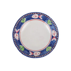 The VIETRI Melamine Campagna Pasta Bowl features a red interior with playful pig and fruit designs, a blue patterned edge, and a durable white melamine build—perfect for outdoor dining.