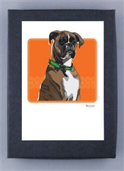 Illustration of a brown and white dog with a green collar set against an orange background. The image, printed on recycled paper as part of the PAPER RUSSELLS - BOXER NOTE CARDS collection by PAPER RUSSELLS, is framed with a thick black mat and features the artist's signature at the bottom right corner.