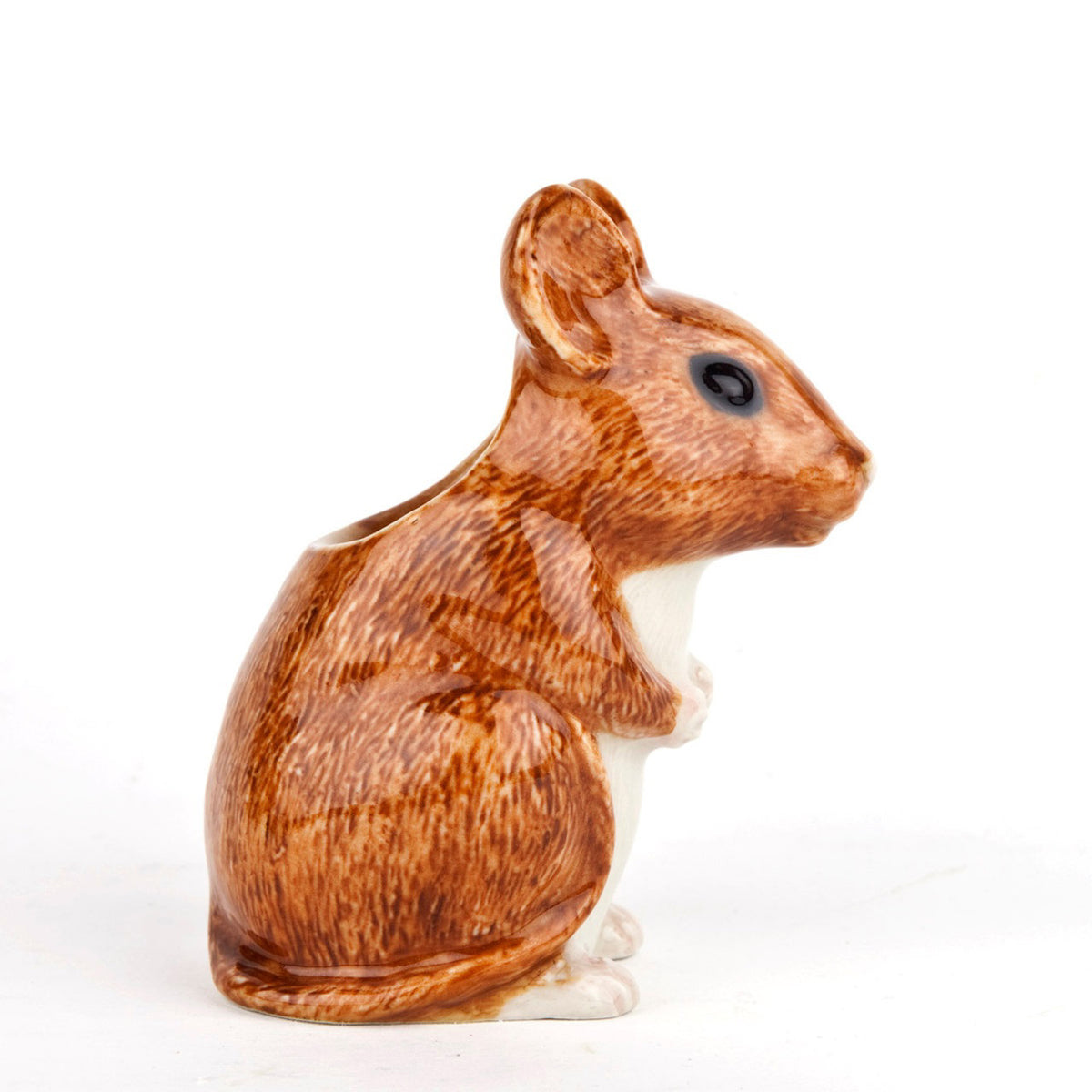 The QUAIL CERAMICS - WOOD MOUSE BUD VASE by QUAIL DESIGNS is a hand-painted stoneware figurine shaped like a brown mouse with white accents, sitting upright and looking to the right, shown on a plain white background.