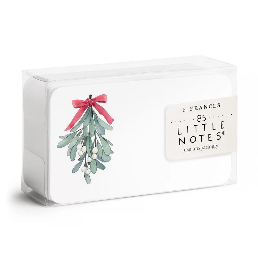A clear plastic box contains 85 MISTLETOE LITTLE NOTES by E.FRANCES PAPER. The featured card displays a watercolor illustration of mistletoe with green leaves and white berries, beautifully tied with a pink bow. The label states &quot;E. Frances, 85 MISTLETOE LITTLE NOTES, use unsparingly.