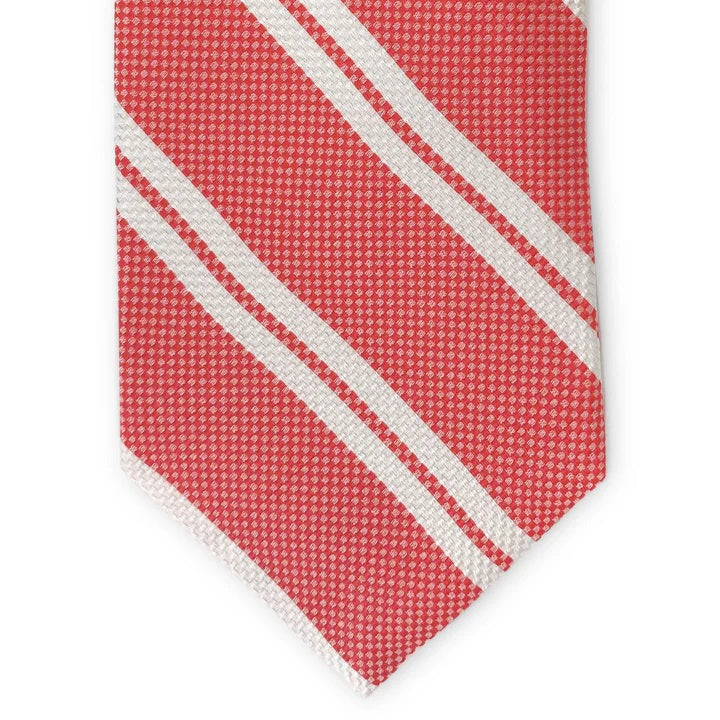The BIRD DOG BAY PETER-BLAIR Shinnecock Hills Woven Silk Tie in Red features a textured pattern with diagonal white stripes and is handmade in New York.