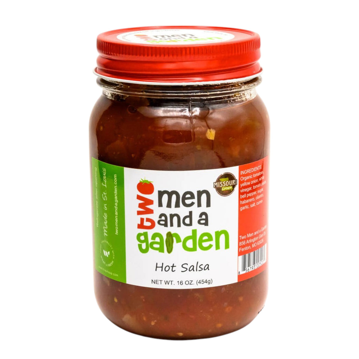 A glass jar of TWO MEN AND A GARDEN - HOT SALSA features chunky, spicy salsa infused with habanero, sealed with a red metal lid and shown on a white background.