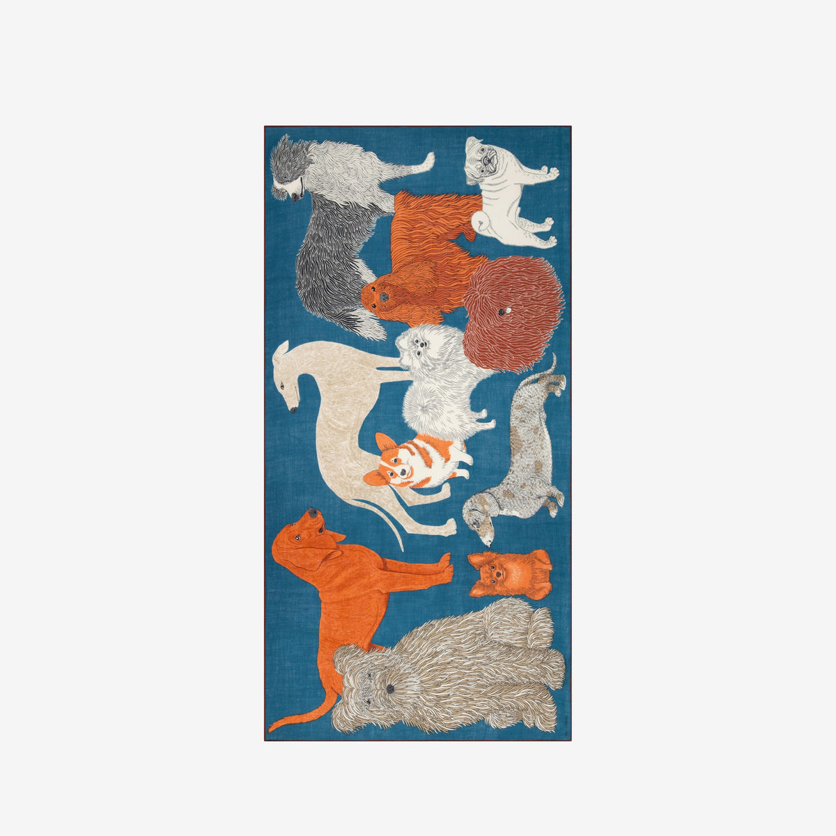 A woman faces forward, wearing a dark jacket and pants, black shoes, and the INOUI EDITIONS TOUTOU DOGS wool scarf in duck blue—one of our unique, hand-printed washable wool scarves from INOUI.