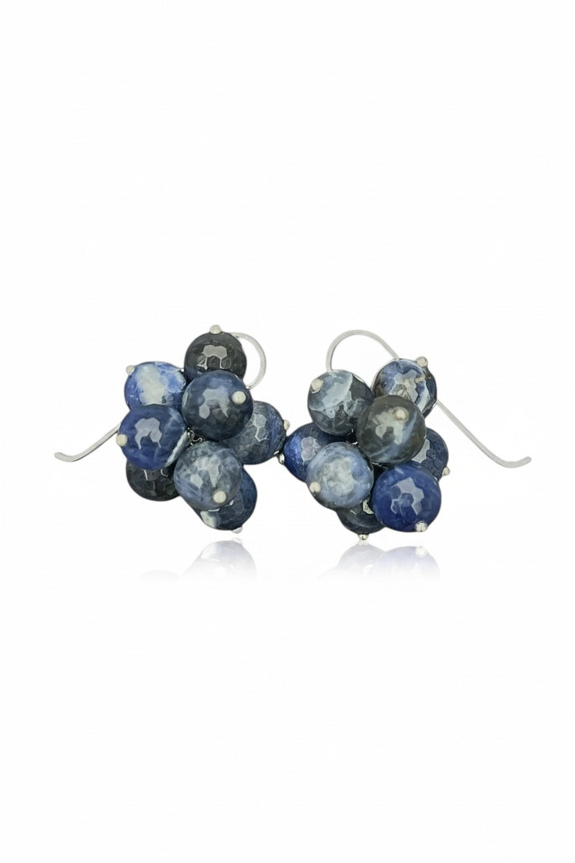 The ANN LIGHTFOOT Faceted Sodalite Cluster Earrings showcase faceted blue and black sodalite gemstones arranged in a floral-inspired cluster, set on sterling silver earwires, displayed against a white background.