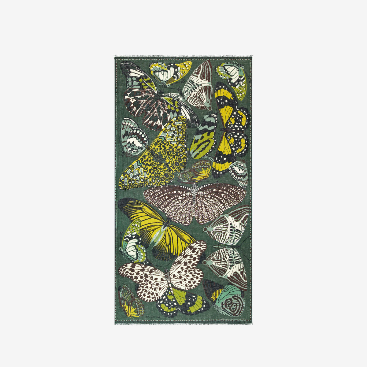 The INOUI EDITIONS - PAPILLONS SCARF IN KHAKI by INOUI is a rectangular linen scarf hand-printed with yellow, white, green, and black butterflies on a dark green background—perfect for elevating your khaki scarf collection.