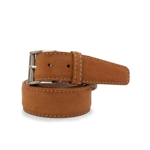 The LEN LIFESTYLE Alcantara Belt in Chestnut with Beige features a refined design and silver buckle, making it a sophisticated accessory for any collection—beautifully displayed on a plain white background.