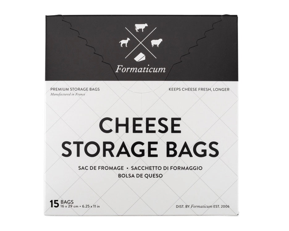 A white box labeled "FORMATICUM - CHEESE STORAGE BAGS" with cow, goat, and sheep icons. Includes 15 bags (6.25 x 11 in) for cheese storage at home; info available in multiple languages.