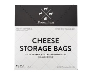 A white box labeled "FORMATICUM - CHEESE STORAGE BAGS" with cow, goat, and sheep icons. Includes 15 bags (6.25 x 11 in) for cheese storage at home; info available in multiple languages.