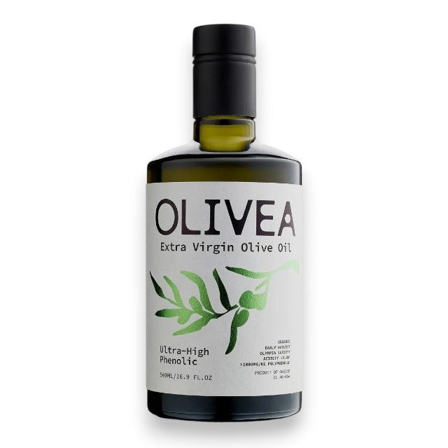 A certificate of analysis for OLIVEA - ULTRA HIGH PHENOLIC EXTRA VIRGIN OLIVE OIL, featuring chemical analysis results such as Oleocanthal and Tyrosol levels—emphasizing the potent antioxidant benefits of this polyphenol-rich olive oil. A checkmark and "3RD PARTY LAB TESTED" text are displayed at the top, with brand details shown above a subtle watermark.