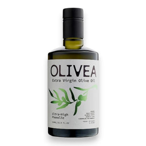 A certificate of analysis for OLIVEA - ULTRA HIGH PHENOLIC EXTRA VIRGIN OLIVE OIL, featuring chemical analysis results such as Oleocanthal and Tyrosol levels—emphasizing the potent antioxidant benefits of this polyphenol-rich olive oil. A checkmark and "3RD PARTY LAB TESTED" text are displayed at the top, with brand details shown above a subtle watermark.