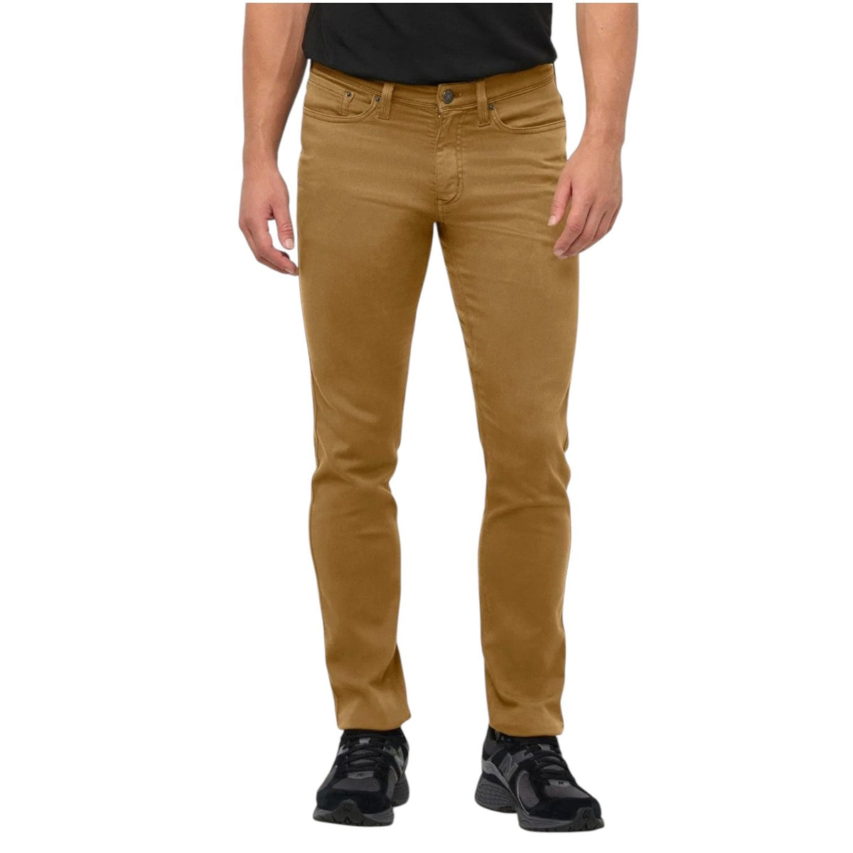 Close-up of the back of a person wearing the DUER No Sweat Straight Pants in Caramel, featuring stitched back pockets and a black DUER brand label on the waistband, crafted from DUER’s innovative No Sweat fabric for exceptional comfort.