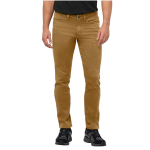 Close-up of the back of a person wearing the DUER No Sweat Straight Pants in Caramel, featuring stitched back pockets and a black DUER brand label on the waistband, crafted from DUER’s innovative No Sweat fabric for exceptional comfort.
