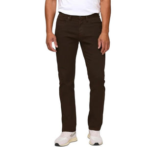 DU/ER - NO SWEAT STRAIGHT PANTS IN STOUT by DUER: Straight-leg, dark brown pants made from No Sweat fabric with front and back pockets, belt loops, and a button closure, shown on a white background.
