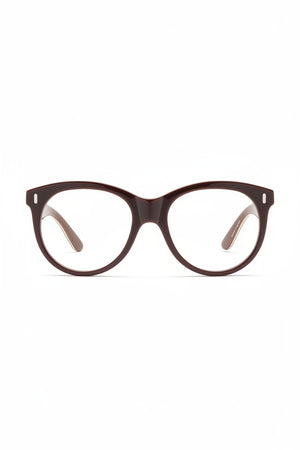 A pair of CADDIS - CHAVELA Progressive Readers in Friar Truck, featuring dark brown thick frames and round, scratch-resistant lenses, viewed from the front against a white background.