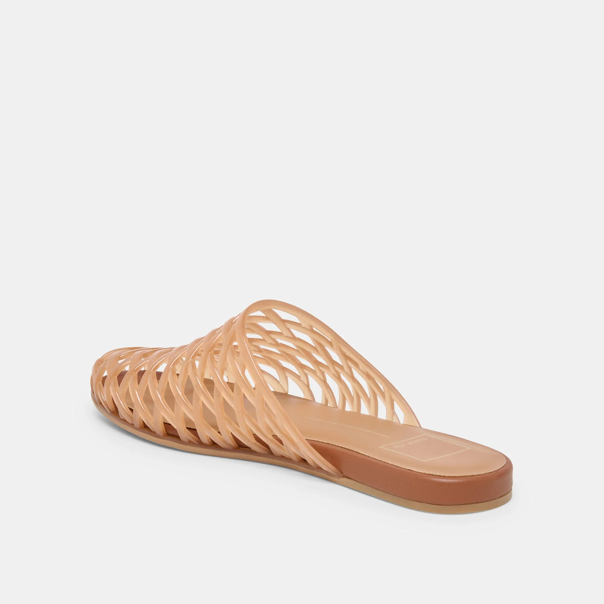 DOLCE VITA - GINNA JELLY FLATS IN WHISKEY featuring a tan jelly flat with a woven, crisscross cage design in a versatile slip-on sandal style.