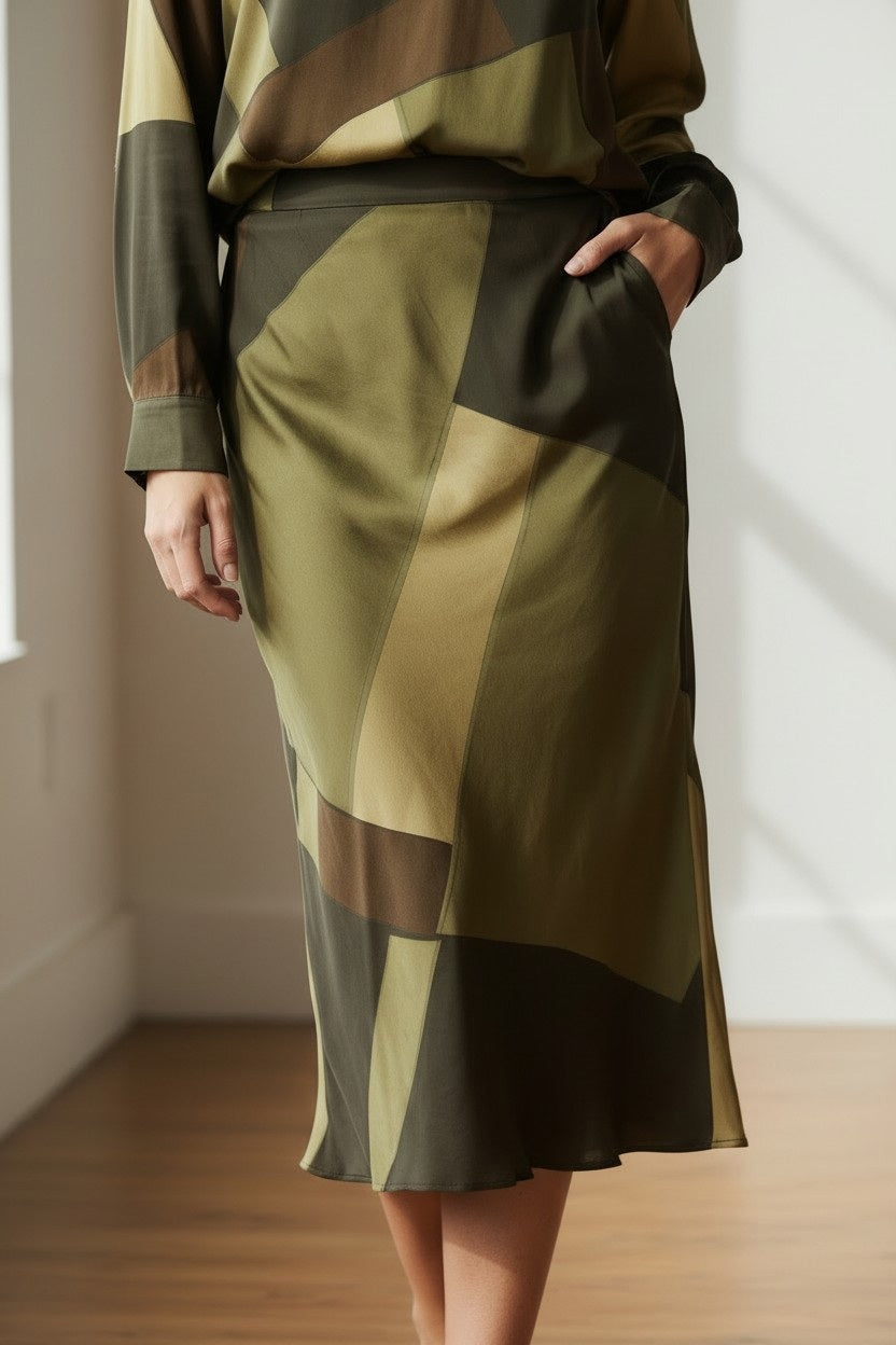 A woman stands barefoot on a wooden floor in a sunlit room, smiling gently with her hands in her pockets, wearing the HARTFORD Jimo Bias Cut Skirt in green.