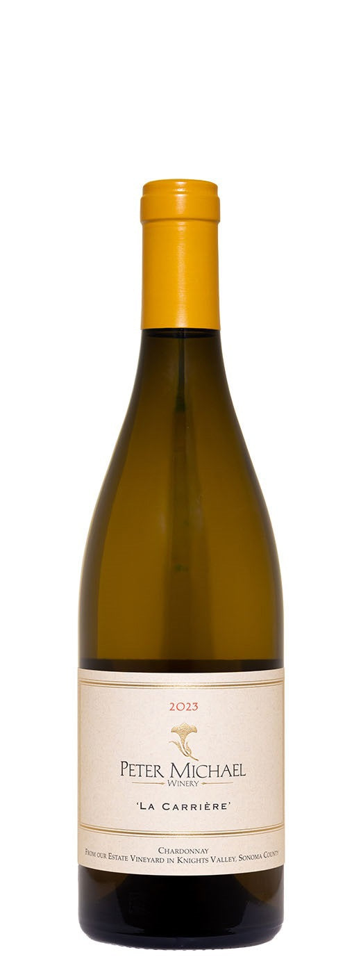 A bottle of PETER MICHAEL 'LA CARRIÈRE' CHARDONNAY 2023 by WINE: WINEBOW, featuring terroir-driven minerality, yellow cap, and cream label, photographed on a white background.