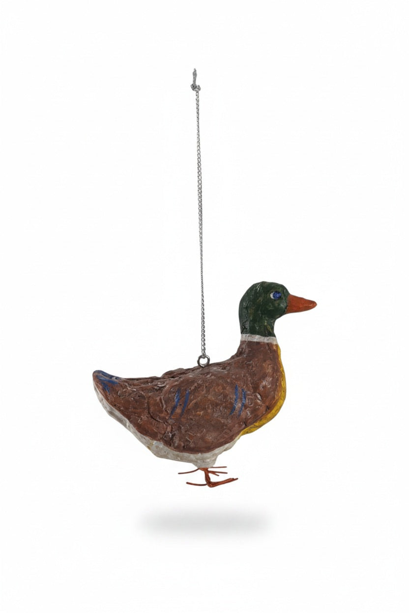 HAND MADE PAPER MACHE VINTAGE MALLARD ORNAMENT hanging from a silver chain.