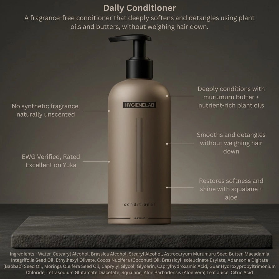 Four panels display squalane liquid, coconut halves, moringa powder, and fresh leaves—showcasing the nourishing ingredients in HYGIENELAB - CONDITIONER, UNSCENTED by HYGIENELAB. The text highlights natural benefits for hair and skin. In the bottom right panel: “Clean Non-Toxic Formula. Hydration & Vitality.”.