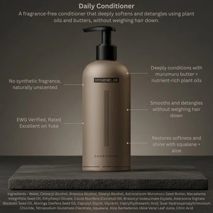 Four panels display squalane liquid, coconut halves, moringa powder, and fresh leaves—showcasing the nourishing ingredients in HYGIENELAB - CONDITIONER, UNSCENTED by HYGIENELAB. The text highlights natural benefits for hair and skin. In the bottom right panel: “Clean Non-Toxic Formula. Hydration & Vitality.”.