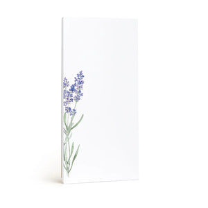 The E. FRANCES - LAVENDER MARKET NOTEPAD by E. FRANCES PAPER is a tall, rectangular white notepad made in the USA, featuring a watercolor illustration of purple lavender with green stems in the bottom left corner. The rest is blank.