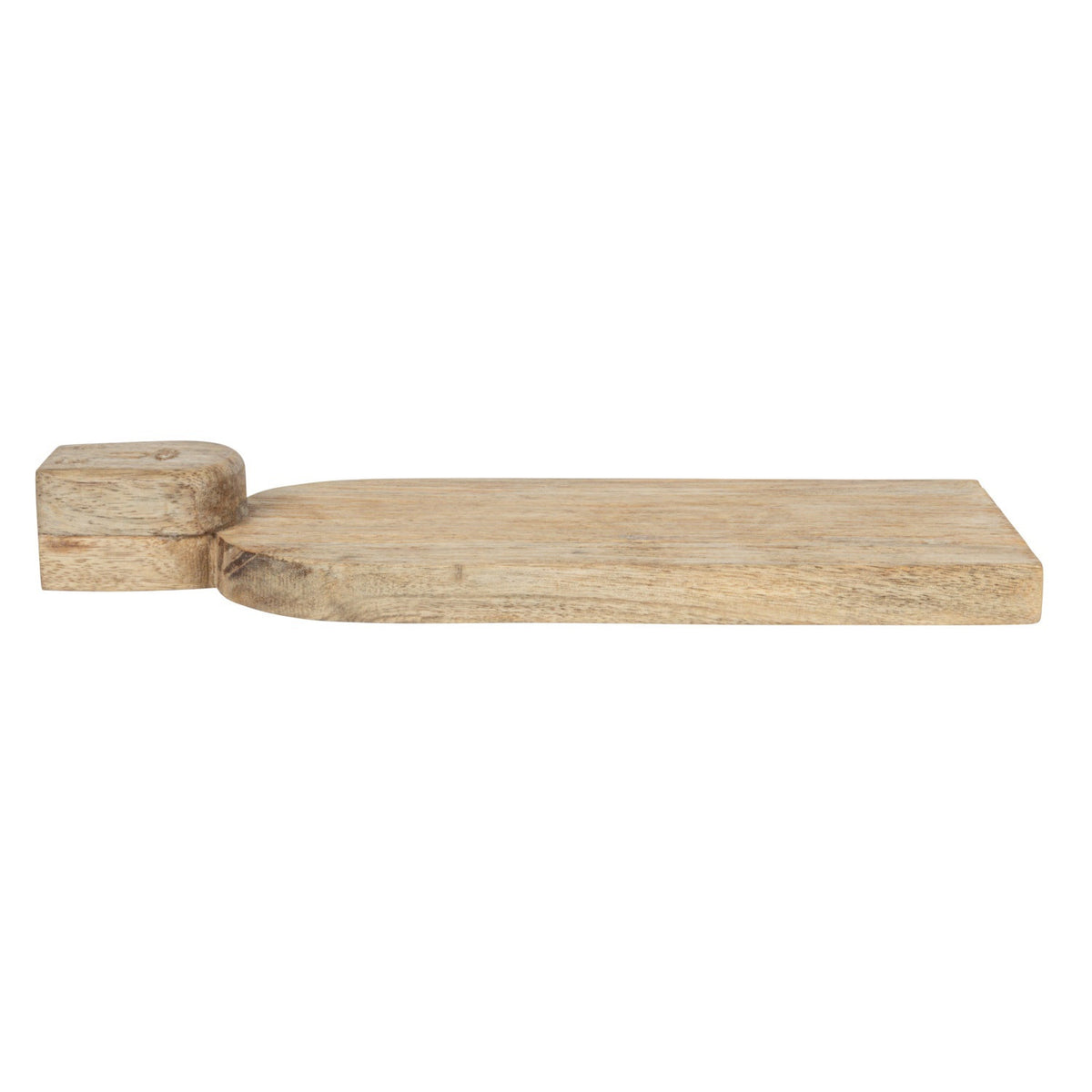 The CREATIVE COOP HAND-CARVED MANGO WOOD CHARCUTERIE/CUTTING BOARD WITH FACE HANDLE features a flat, rectangular shape, rounded edges, and rustic grain patterns for a handcrafted look.