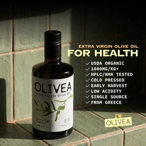 A certificate of analysis for OLIVEA - ULTRA HIGH PHENOLIC EXTRA VIRGIN OLIVE OIL, featuring chemical analysis results such as Oleocanthal and Tyrosol levels—emphasizing the potent antioxidant benefits of this polyphenol-rich olive oil. A checkmark and "3RD PARTY LAB TESTED" text are displayed at the top, with brand details shown above a subtle watermark.