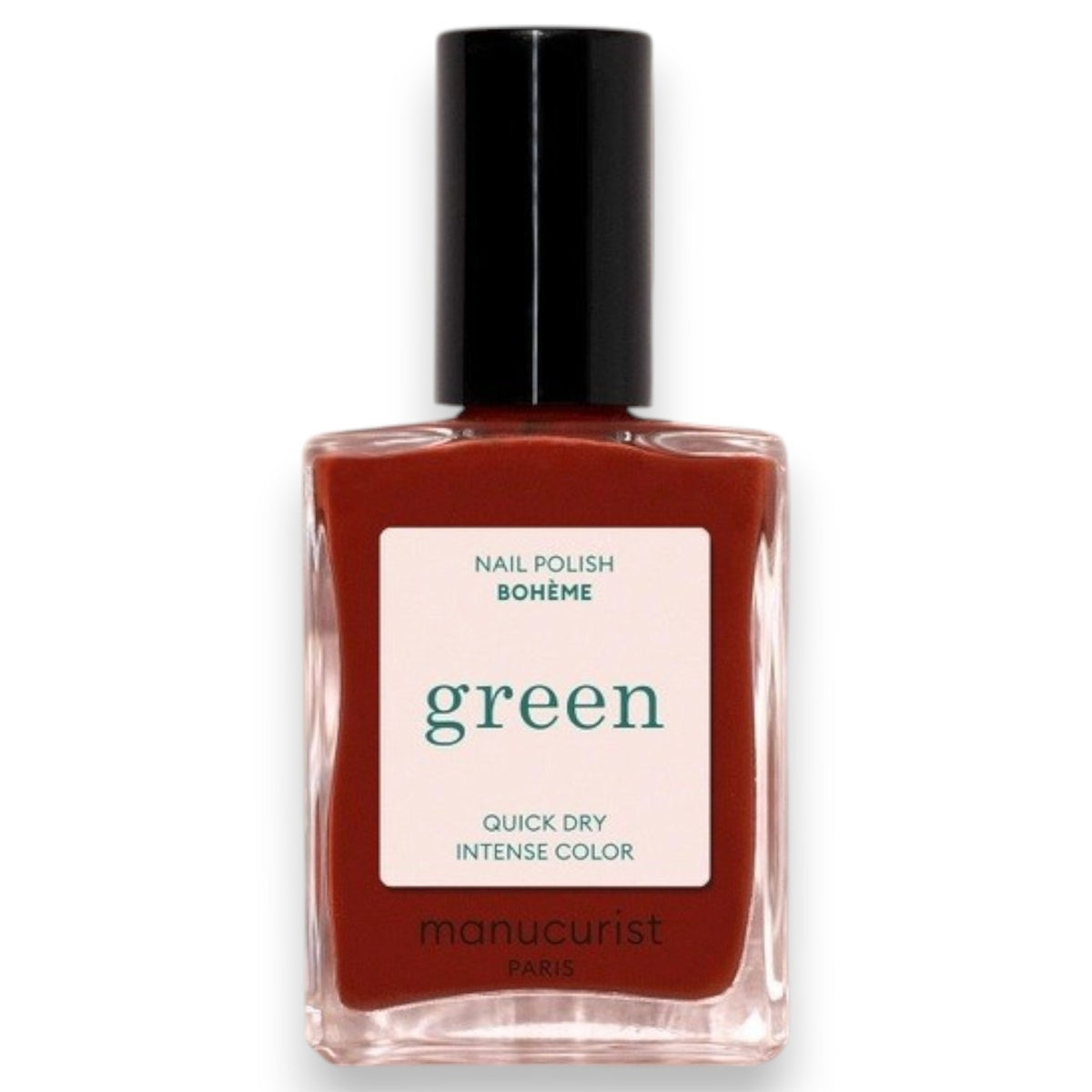 A close-up of MANUCURIST - GREEN™ NAIL POLISH IN BOHEMIAN by MANUCURIST INC being smoothly applied with a brush, revealing its glossy, reflective red finish and visible bristle strokes.