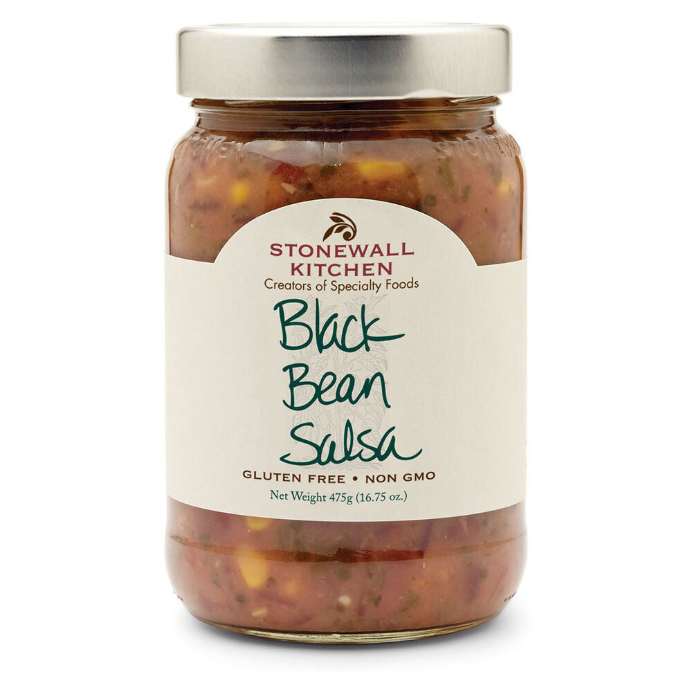 A jar of STONEWALL KITCHEN - BLACK BEAN SALSA featuring a silver lid. The label displays "Creators of Specialty Foods," confirms it is "Gluten Free – Non GMO," and indicates a net weight of 475g (16.75 oz). This Southwestern salsa is visibly packed with ingredients.