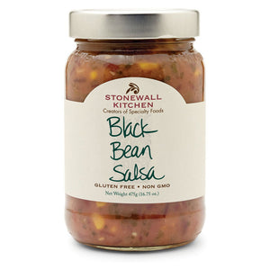 A jar of STONEWALL KITCHEN - BLACK BEAN SALSA featuring a silver lid. The label displays "Creators of Specialty Foods," confirms it is "Gluten Free – Non GMO," and indicates a net weight of 475g (16.75 oz). This Southwestern salsa is visibly packed with ingredients.