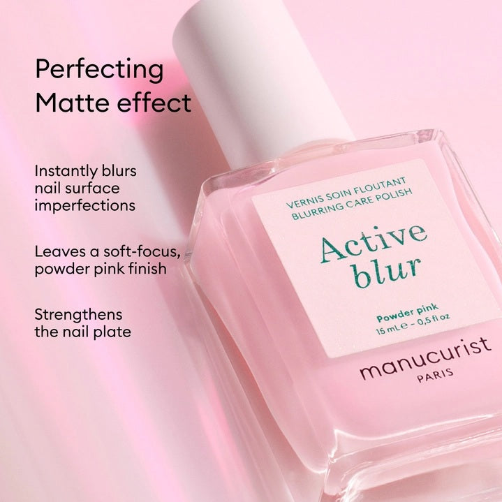Three close-up photos of a fingernail: first, bare; second, after one coat of MANUCURIST - ACTIVE™ BLUR TREATMENT POLISH in a powder-pink shade (appearing slightly shinier); and third, after two coats (showing even glossier and smoother results). Each stage is clearly labeled to highlight the transformation, perfect for fans of MANUCURIST INC vegan nail care solutions.