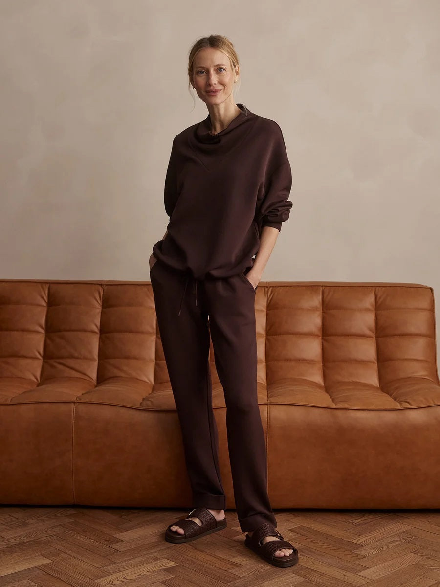 VARLEY - BETSY SWEATSHIRT IN COFFEE BEAN in dark brown DoubleSoft fabric, featuring a long-sleeved silhouette with a high cowl neckline and a drawstring hem.