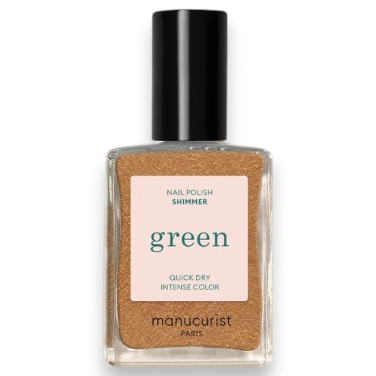 A hand adorned with metallic gold vegan nail polish holds a bottle of MANUCURIST - GREEN™ NAIL POLISH IN SHIMMER by MANUCURIST INC, set against a textured, light-filled background.