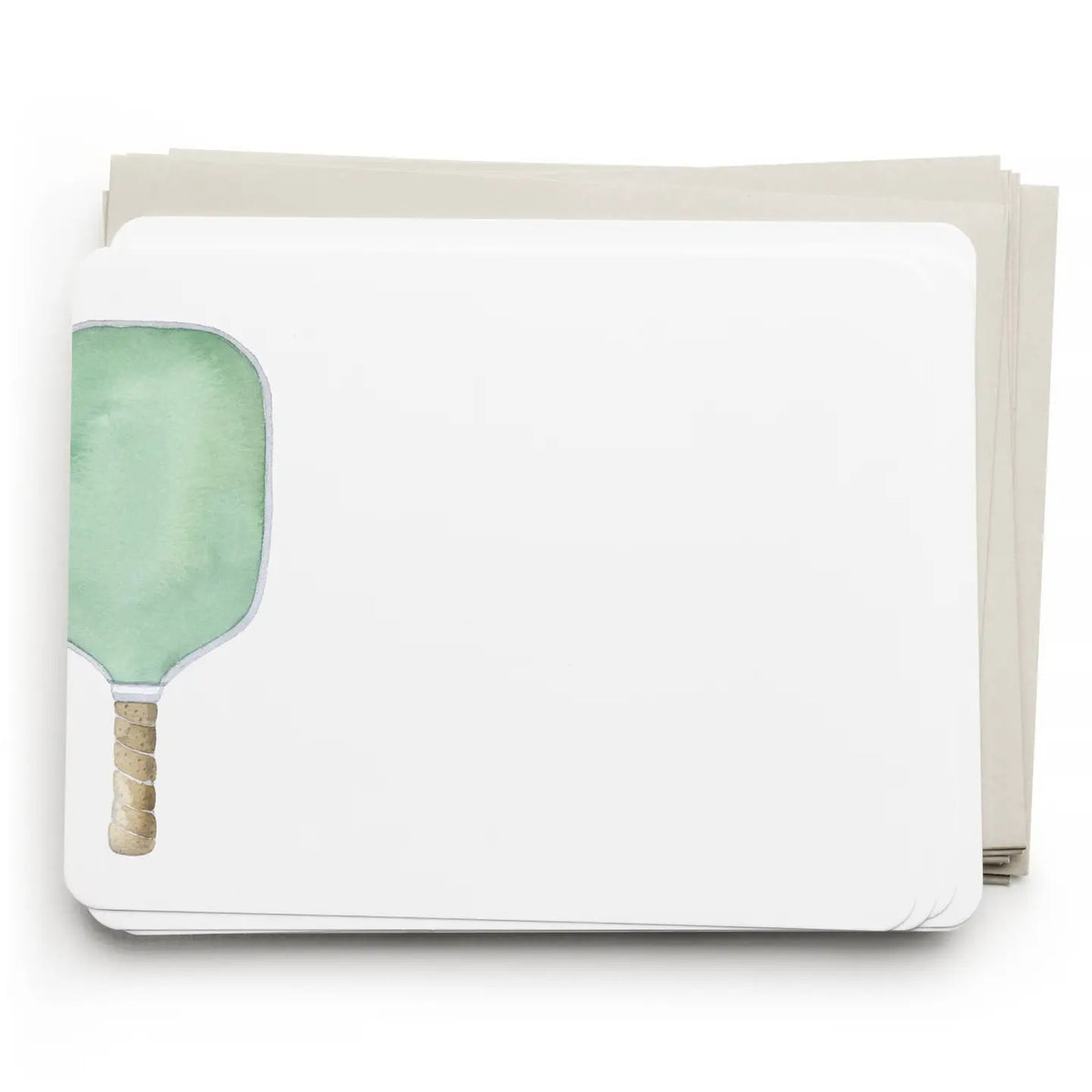 The E. FRANCES PAPER Pickleball Flat Notes boxed set includes 8 flat notecards with matching envelopes, each featuring a green pickleball paddle illustration—made in the USA.