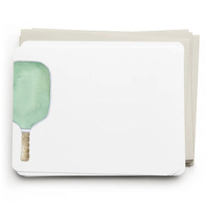 The E. FRANCES PAPER Pickleball Flat Notes boxed set includes 8 flat notecards with matching envelopes, each featuring a green pickleball paddle illustration—made in the USA.