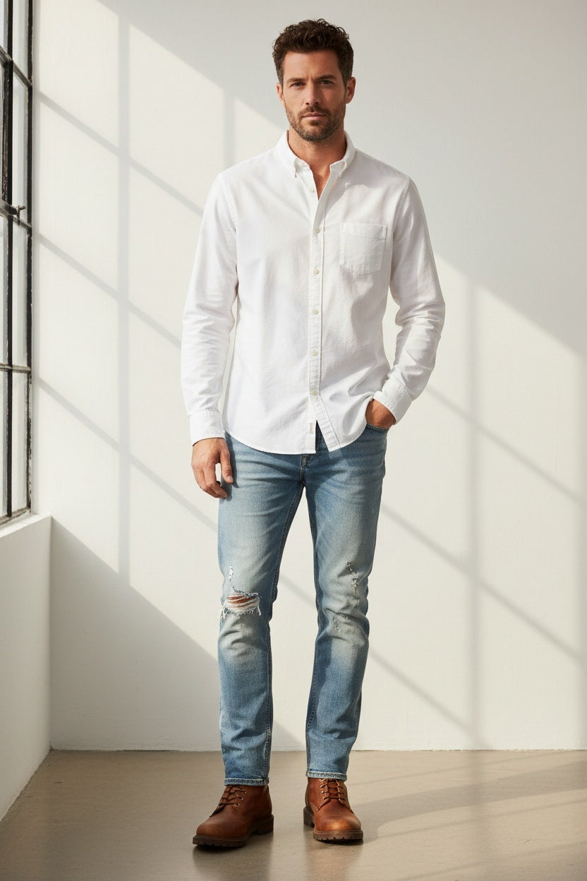 A man stands indoors by a window, wearing the FRANK & EILEEN DON Men’s Button Up Shirt in Classic Featherweight Cotton White, paired with light blue ripped jeans and brown boots. With one hand in his pocket and a neutral expression, sunlight casts shadows on the white wall behind him, highlighting the effortless appeal of this everyday essential from FRANK & EILEEN.
