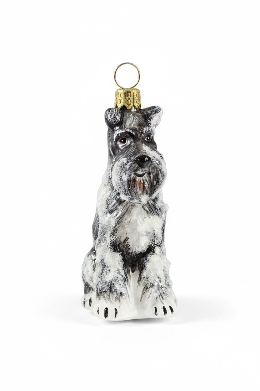 Handmade glass SCHNAUZER WITH FLOPPY SNOWY EARS ORNAMENT by Joy to the World Collectibles, dusted with white artificial snow.