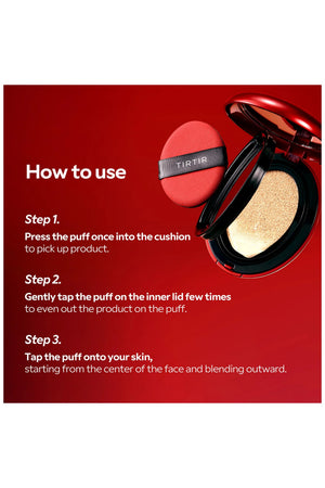 A red background image features the KOSMIC KBEAUTY SKINCARE TIRTIR Mask Fit Red Cushion Foundation in Camel and its accompanying puff, with white text providing step-by-step instructions on how to achieve full coverage makeup using this cushion foundation.